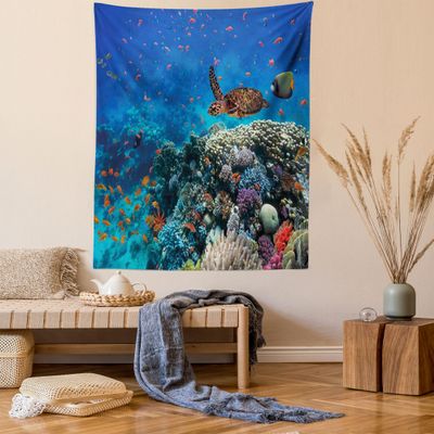 Ambesonne Fish Tapestry, Exotic Fish and Turtle in Fresh Water on Stony Corals Bio Diversity Wild Life Photo, Wall Hanging for Bedroom Living Room Dorm Decor, 60" X 80", Blue Brown