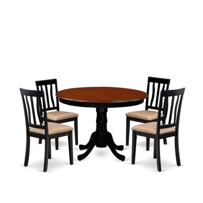 East West Furniture HLAN5-BCH-C 5 Piece Kitchen Table Set for 4 Includes a Round Dining Room Table with Pedestal and 4 Linen Fabric Upholstered Dining Chairs, 42x42 Inch, Black & Cherry
