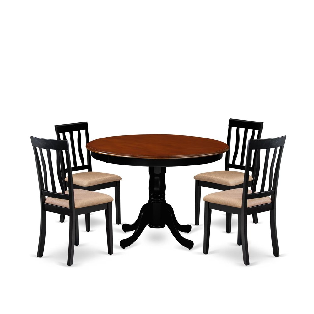 East West Furniture HLAN5-BCH-C 5 Piece Kitchen Table Set for 4 Includes a Round Dining Room Table with Pedestal and 4 Linen Fabric Upholstered Dining Chairs, 42x42 Inch, Black & Cherry