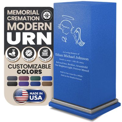Amaranthine Urn Decorative Cremation Urn for Human Ashes - Customizable Text, Color & Base, Loved Ones Metal Funeral Urns for Ashes, Burial Memorial Keepsake, Made in USA - Child Angel with Base