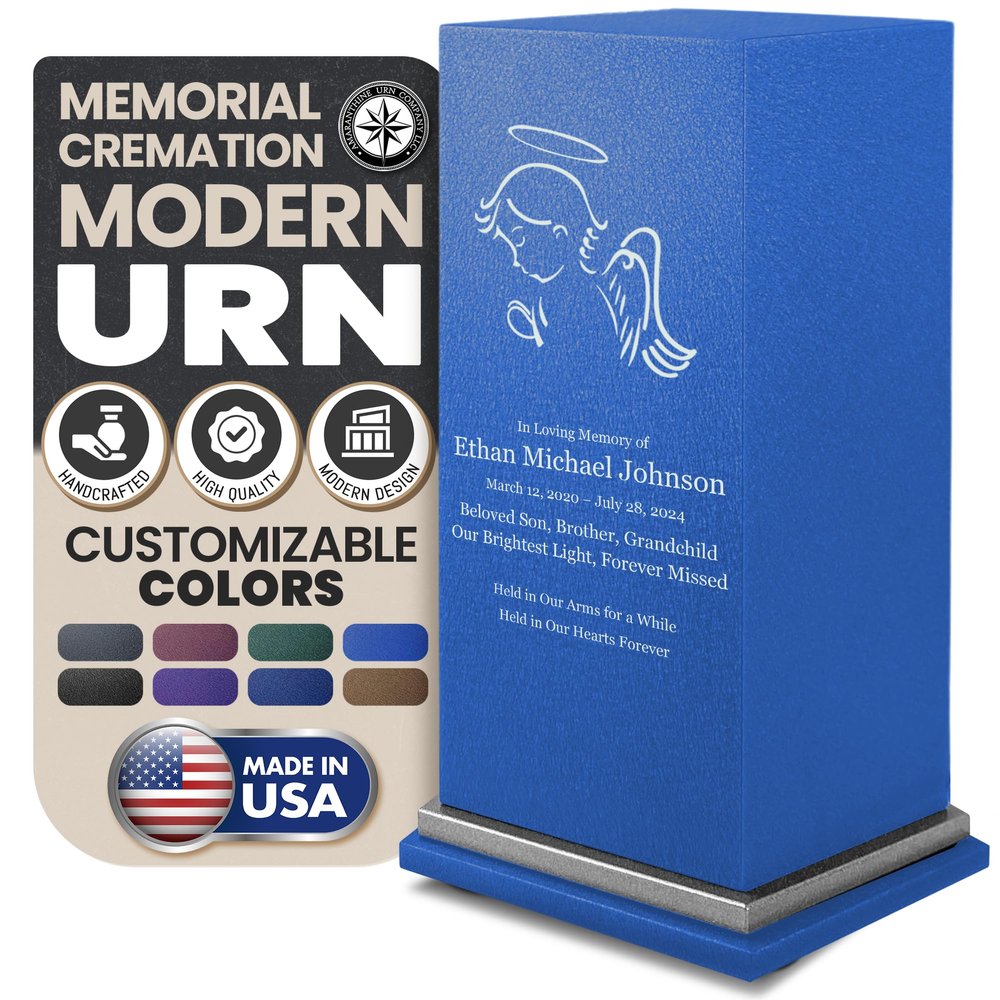 Amaranthine Urn Decorative Cremation Urn for Human Ashes - Customizable Text, Color & Base, Loved Ones Metal Funeral Urns for Ashes, Burial Memorial Keepsake, Made in USA - Child Angel with Base