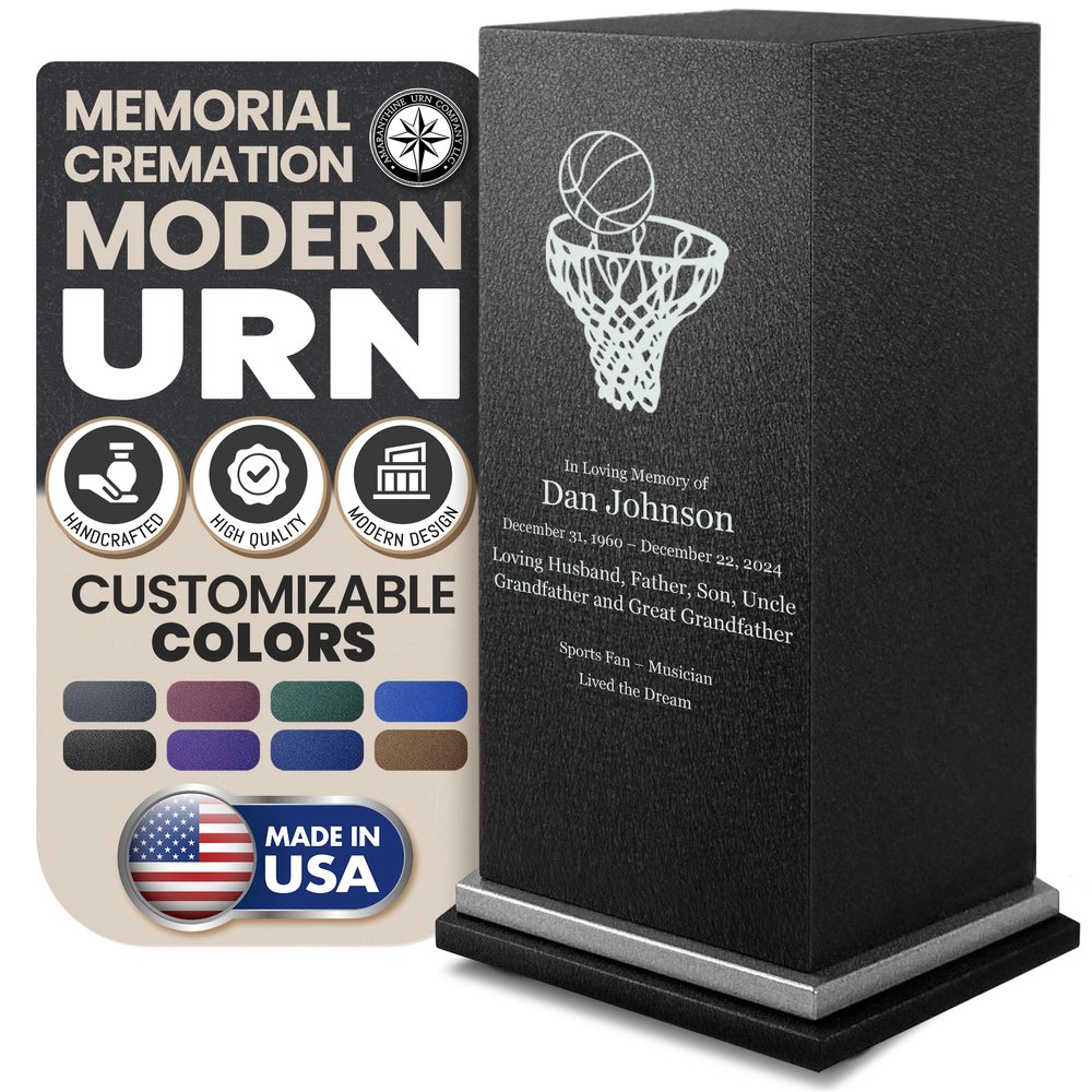 Amaranthine Urn Decorative Cremation Urn for Human Ashes - Customizable Text, Color & Base, Metal Funeral Urns for Adult Men & Women, Burial Memorial Keepsake, Made in USA - Basketball with Base