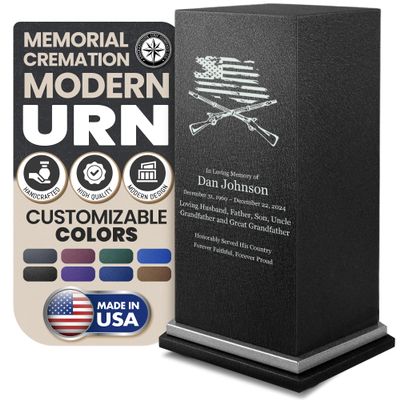 Amaranthine Urn Decorative Cremation Urn for Human Ashes - Customizable Text, Color & Base, Metal Funeral Urns for Adult Men & Women, Burial Memorial Keepsake, Made in USA - US Flag & Rifles With Base