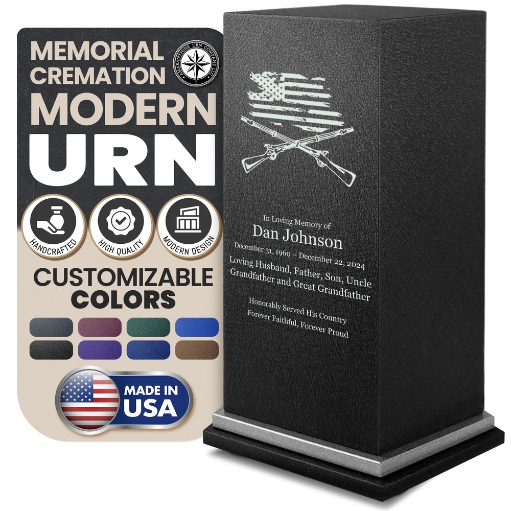Amaranthine Urn Decorative Cremation Urn for Human Ashes - Customizable Text, Color & Base, Metal Funeral Urns for Adult Men & Women, Burial Memorial Keepsake, Made in USA - US Flag & Rifles With Base