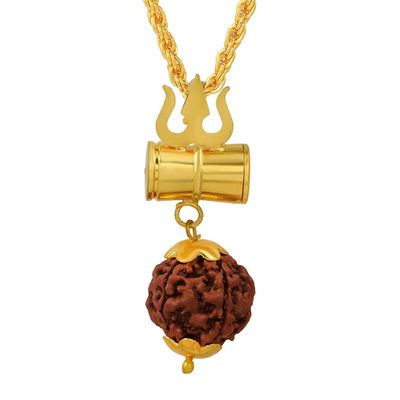 KEASR ZEMS Gold Plated Shiv Shakti Kavach Lord Shiv Trishul Damru Locket with Panchmukhi Rudraksha Bead Religious Pendant for Unisex (6 x 2 x 2 CM) Golden.(1 psc Only Pendant)