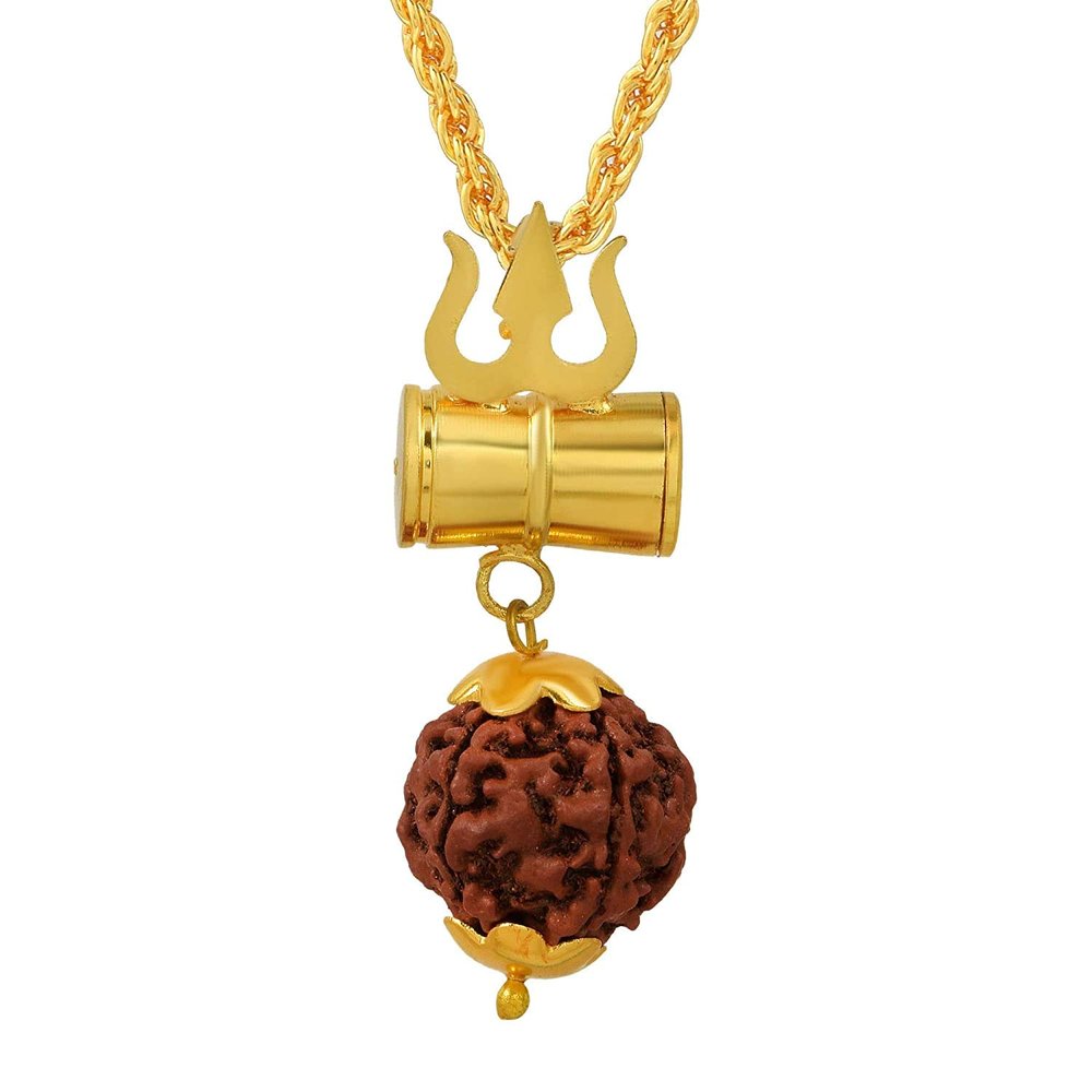 KEASR ZEMS Gold Plated Shiv Shakti Kavach Lord Shiv Trishul Damru Locket with Panchmukhi Rudraksha Bead Religious Pendant for Unisex (6 x 2 x 2 CM) Golden.(1 psc Only Pendant)