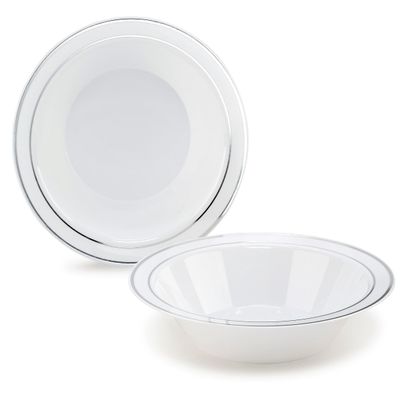 " OCCASIONS " 60 Pieces Plates Pack, Heavyweight Disposable Wedding Party Plastic Bowls (14oz Soup Bowl, White & Silver Rim)