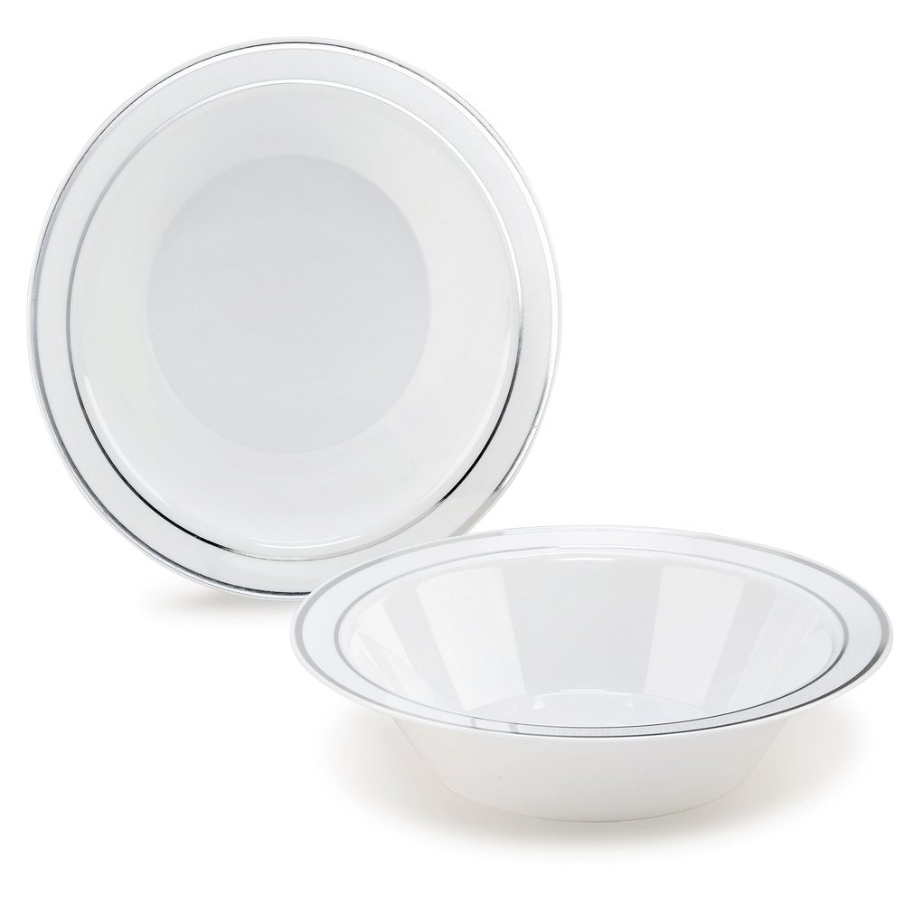 " OCCASIONS " 60 Pieces Plates Pack, Heavyweight Disposable Wedding Party Plastic Bowls (14oz Soup Bowl, White & Silver Rim)