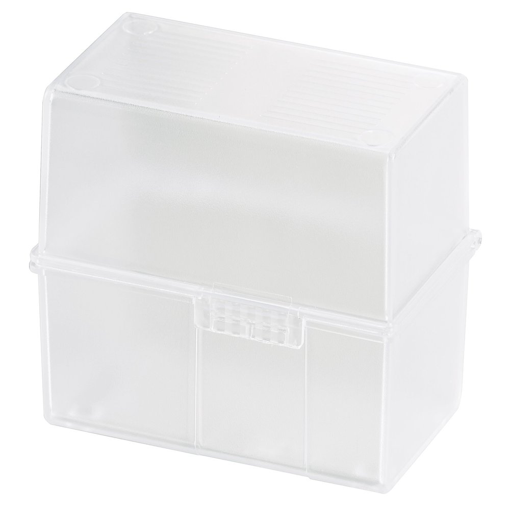 HAN Index Card Box DIN A8 Landscape Innovative Flash Card File Modern Design for 200 Index Cards with Steel Hinge Includes 100 Cards and A-Z Index 979-63 Translucent Clear