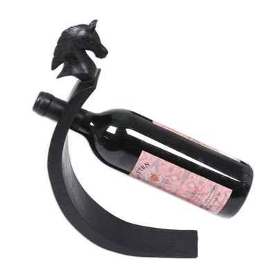 NOVICA Handmade Black Balinese Pony Wood Wine Bottle Holder