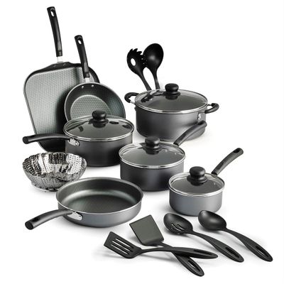 18 Piece Nonstick Cookware Set - Gray - Aluminum Construction, Dishwasher Safe, Compatible with Gas, Electric, Ceramic Cooktops - Includes Saut Pans, Griddle, Dutch Oven, Cooking Utensils