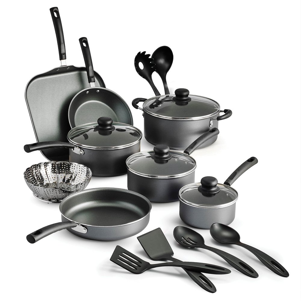 18 Piece Nonstick Cookware Set - Gray - Aluminum Construction, Dishwasher Safe, Compatible with Gas, Electric, Ceramic Cooktops - Includes Saut Pans, Griddle, Dutch Oven, Cooking Utensils