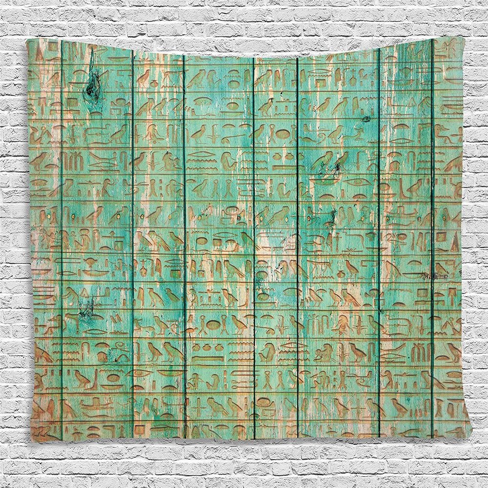 Ambesonne Egypt Tapestry, Hieroglyphs on Wooden Board Mystic Egyptian Mummy Motherland Culture Image, Wide Wall Hanging for Bedroom Living Room Dorm, 60" X 40", Seafoam