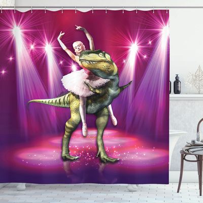 Ambesonne Animal Shower Curtain, Ballerina Dancing with a Dinosaur Under Neon Stage Unusual Absurd Image Print, Cloth Fabric Bathroom Decor Set with Hooks, 69" W x 70" L, Hot Pink Purple