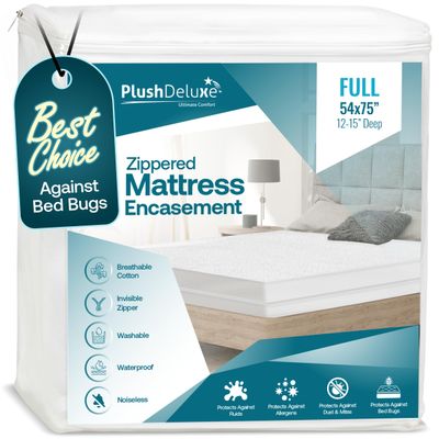 PlushDeluxe Full Size Premium Mattress Encasement - Zippered Waterproof, Bedbug Proof Design, 6-Sided Protection - Hypoallergenic Cotton Terry Fabric 12-15" Depth
