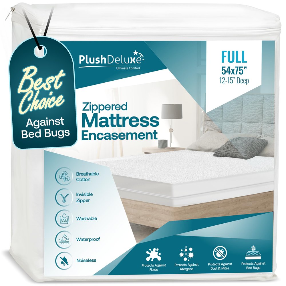 PlushDeluxe Full Size Premium Mattress Encasement - Zippered Waterproof, Bedbug Proof Design, 6-Sided Protection - Hypoallergenic Cotton Terry Fabric 12-15" Depth