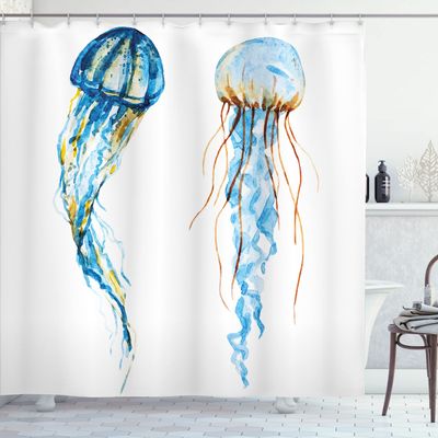 Ambesonne Jellyfish Shower Curtain, Jellyfish Exotic Sea Ocean Creature Aquatic Animals Watercolor Raster Graphic, Cloth Fabric Bathroom Decor Set with Hooks, 69" W x 75" L, Turquoise Blue