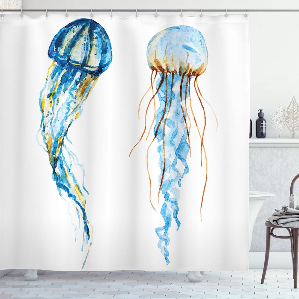 Ambesonne Jellyfish Shower Curtain, Jellyfish Exotic Sea Ocean Creature Aquatic Animals Watercolor Raster Graphic, Cloth Fabric Bathroom Decor Set with Hooks, 69" W x 75" L, Turquoise Blue