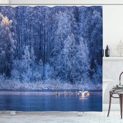 Ambesonne Winter Shower Curtain, Swans Swimming Lake Dusk Forest Dramatic Idyllic Nature ICY Snowy Weather Rural Scene, Cloth Fabric Bathroom Decor Set with Hooks, 69" W x 84" L, Blue