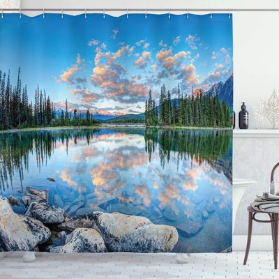 Ambesonne Nature Shower Curtain, View of Golden Yellow Sunrise Skyline at Pyramid Lake Tranquility Canadian Scenery, Cloth Fabric Bathroom Decor Set with Hooks, 69" W x 75" L, Blue Green
