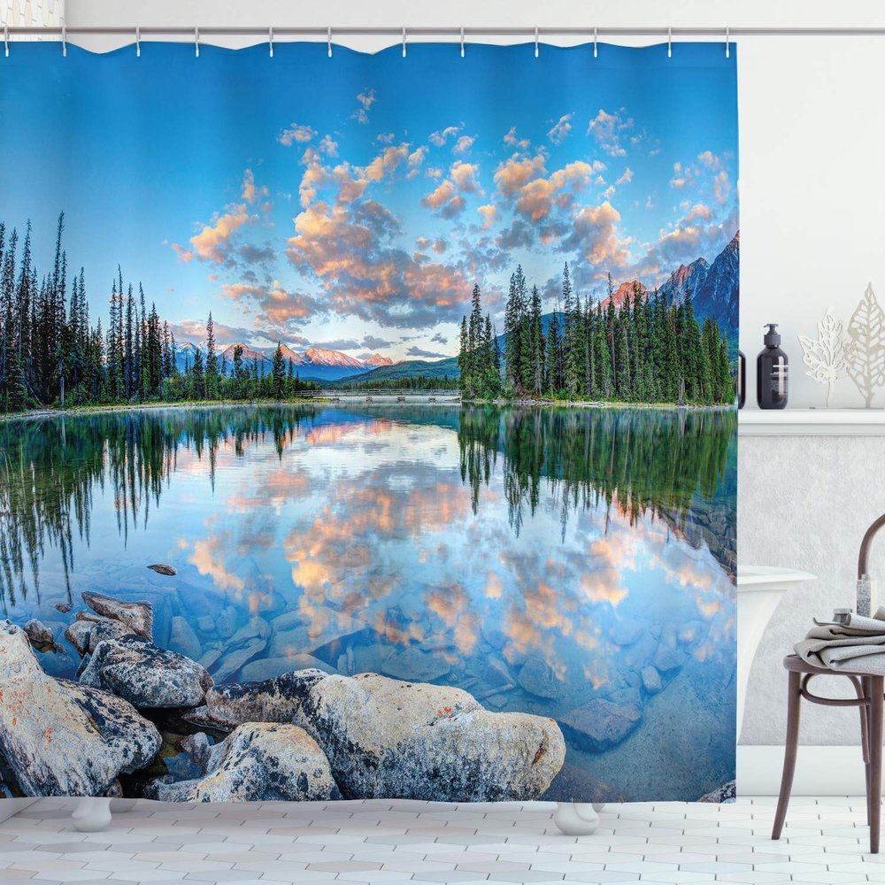 Ambesonne Nature Shower Curtain, View of Golden Yellow Sunrise Skyline at Pyramid Lake Tranquility Canadian Scenery, Cloth Fabric Bathroom Decor Set with Hooks, 69" W x 75" L, Blue Green