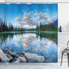 Ambesonne Nature Shower Curtain, View of Golden Yellow Sunrise Skyline at Pyramid Lake Tranquility Canadian Scenery, Cloth Fabric Bathroom Decor Set with Hooks, 69" W x 75" L, Blue Green view 1