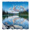 Ambesonne Nature Shower Curtain, View of Golden Yellow Sunrise Skyline at Pyramid Lake Tranquility Canadian Scenery, Cloth Fabric Bathroom Decor Set with Hooks, 69" W x 75" L, Blue Green view 2