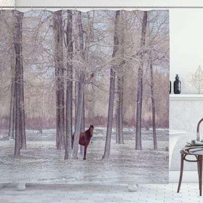 Ambesonne Animal Shower Curtain, Lonely Horse in The Forest Stands Behind Leafless Trees Winter Snowy Panorama, Cloth Fabric Bathroom Decor Set with Hooks, 69" W x 84" L, Brown Beige