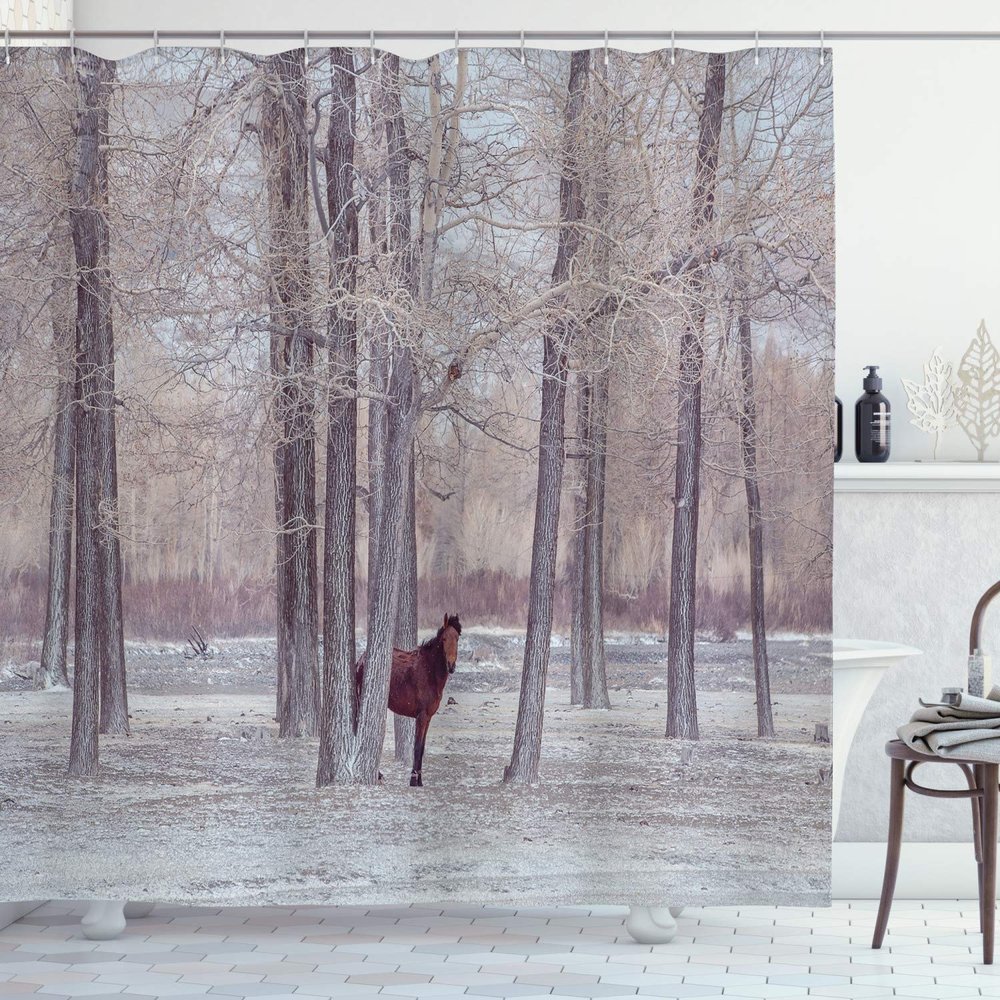 Ambesonne Animal Shower Curtain, Lonely Horse in The Forest Stands Behind Leafless Trees Winter Snowy Panorama, Cloth Fabric Bathroom Decor Set with Hooks, 69" W x 84" L, Brown Beige