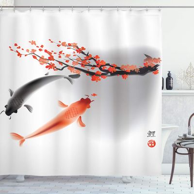Ambesonne Japanese Shower Curtain, Koi Carp Fish Couple Swimming Cherry Blossom Sakura Branch Culture Design, Cloth Fabric Bathroom Decor Set with Hooks, 69" W x 75" L, Orange Grey