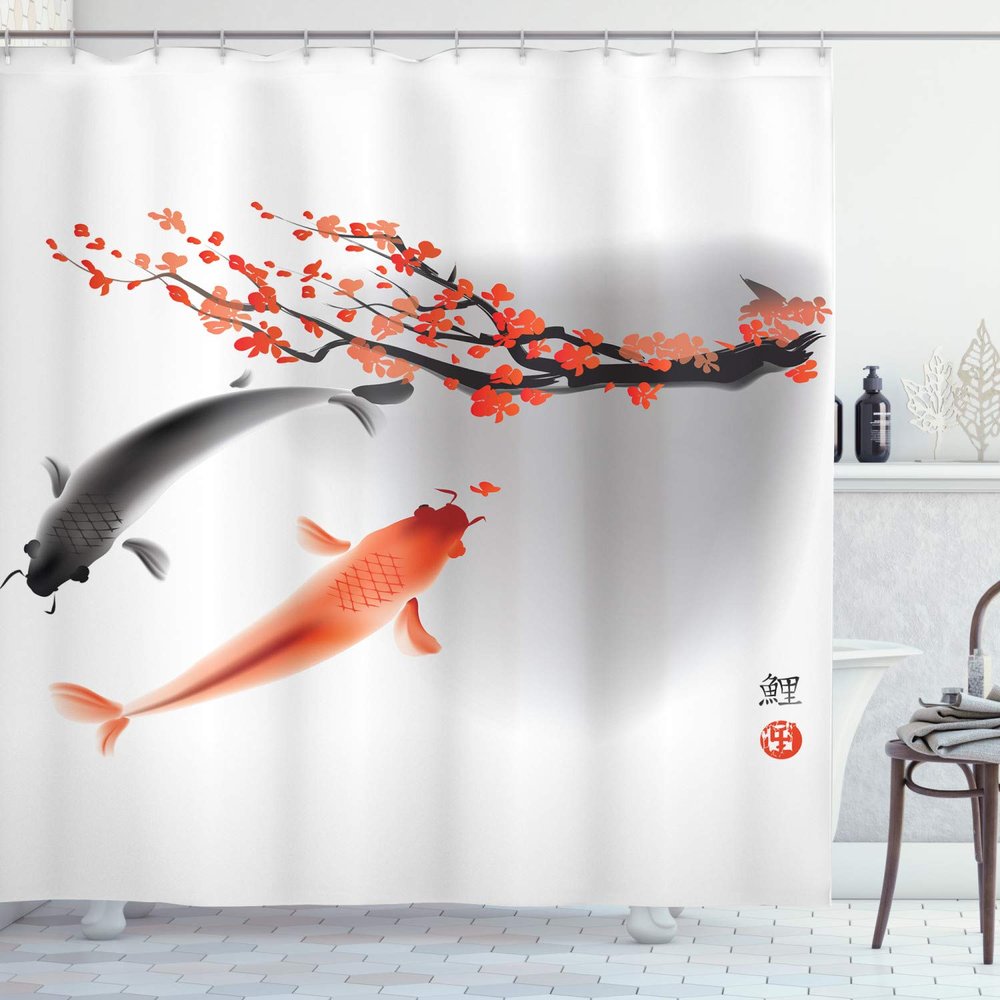 Ambesonne Japanese Shower Curtain, Koi Carp Fish Couple Swimming Cherry Blossom Sakura Branch Culture Design, Cloth Fabric Bathroom Decor Set with Hooks, 69" W x 75" L, Orange Grey