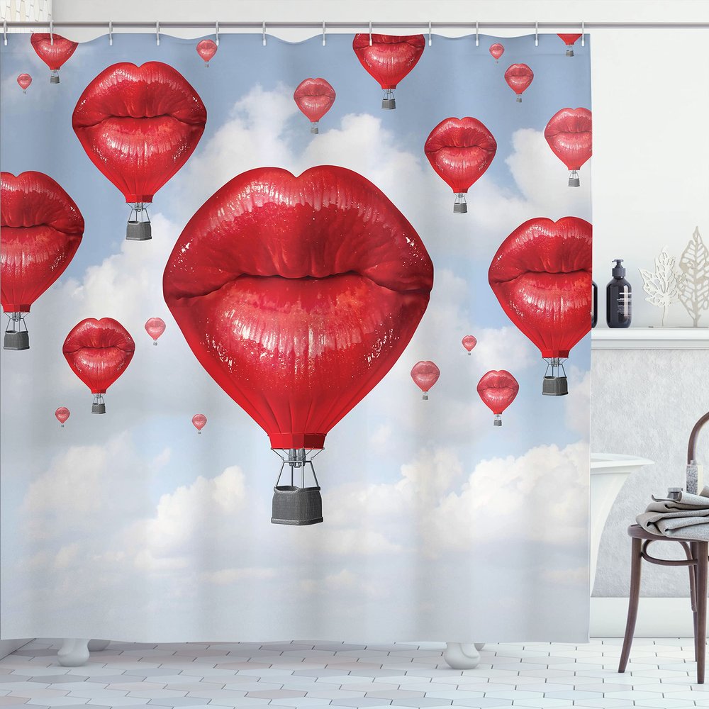 Ambesonne Fantasy Shower Curtain, Woman Lips Shaped Hot Balloons in The Sky Surreal Fun Romantic Design Print, Cloth Fabric Bathroom Decor Set with Hooks, 69" W x 70" L, Pale Blue Red