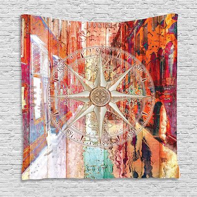 Ambesonne Marine Life Tapestry, European Venice City Blurry Abstract Backdrop with Navy Sea Compass Art Print, Wall Hanging for Bedroom Living Room Dorm Decor, 60" X 80", Coral Beige