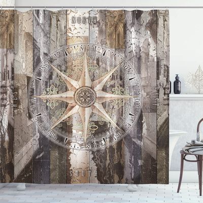 Ambesonne Marine Life Shower Curtain, Navy Sea Life Yacht Theme Colored Wood Backdrop Rudder Like Compass Marine Image, Cloth Fabric Bathroom Decor Set with Hooks, 69" W x 84" L, Brown