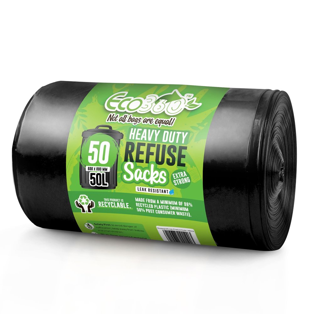 EcoBag 50 Heavy Duty Refuse Sacks 50L, Black, 1200 Rim X 800 L
