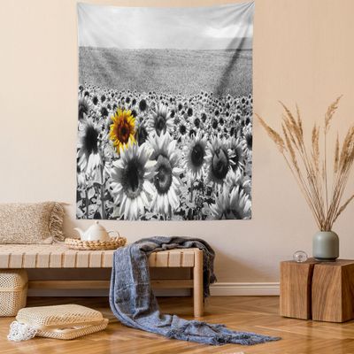Ambesonne Modern Tapestry, Sunflower Field Black and White a Single Yellow Flower Spring Landscape Individuality, Wall Hanging for Bedroom Living Room Dorm Decor, 60" X 80", Grey