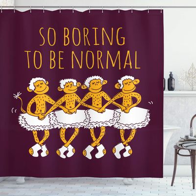 Ambesonne Animal Shower Curtain, Funny Ballerina Dancing Monkeys with So Boring to Be Normal Words Print, Cloth Fabric Bathroom Decor Set with Hooks, 69" W x 84" L, Maroon and Marigold