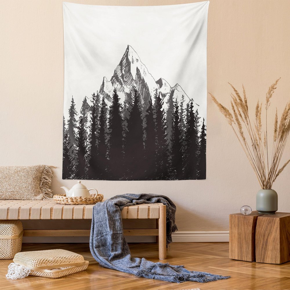 Ambesonne Prehistoric Tapestry, Mountain Fir Forest and Arrow Folk Style Retro Print, Wall Hanging for Bedroom Living Room Dorm Decor, 60" X 80", Dimgrey