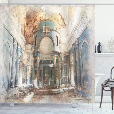 Ambesonne Antique Shower Curtain, Old Renaissance Era Architecture with Columns Art Print, Cloth Fabric Bathroom Decor Set with Hooks, 69" W x 75" L, Petrol Blue Marigold