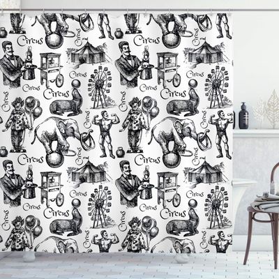 Ambesonne Modern Shower Curtain, Circus Words and Themed Continous Pattern Magician Baloons Phrase Art, Cloth Fabric Bathroom Decor Set with Hooks, 69" W x 84" L, Black and White