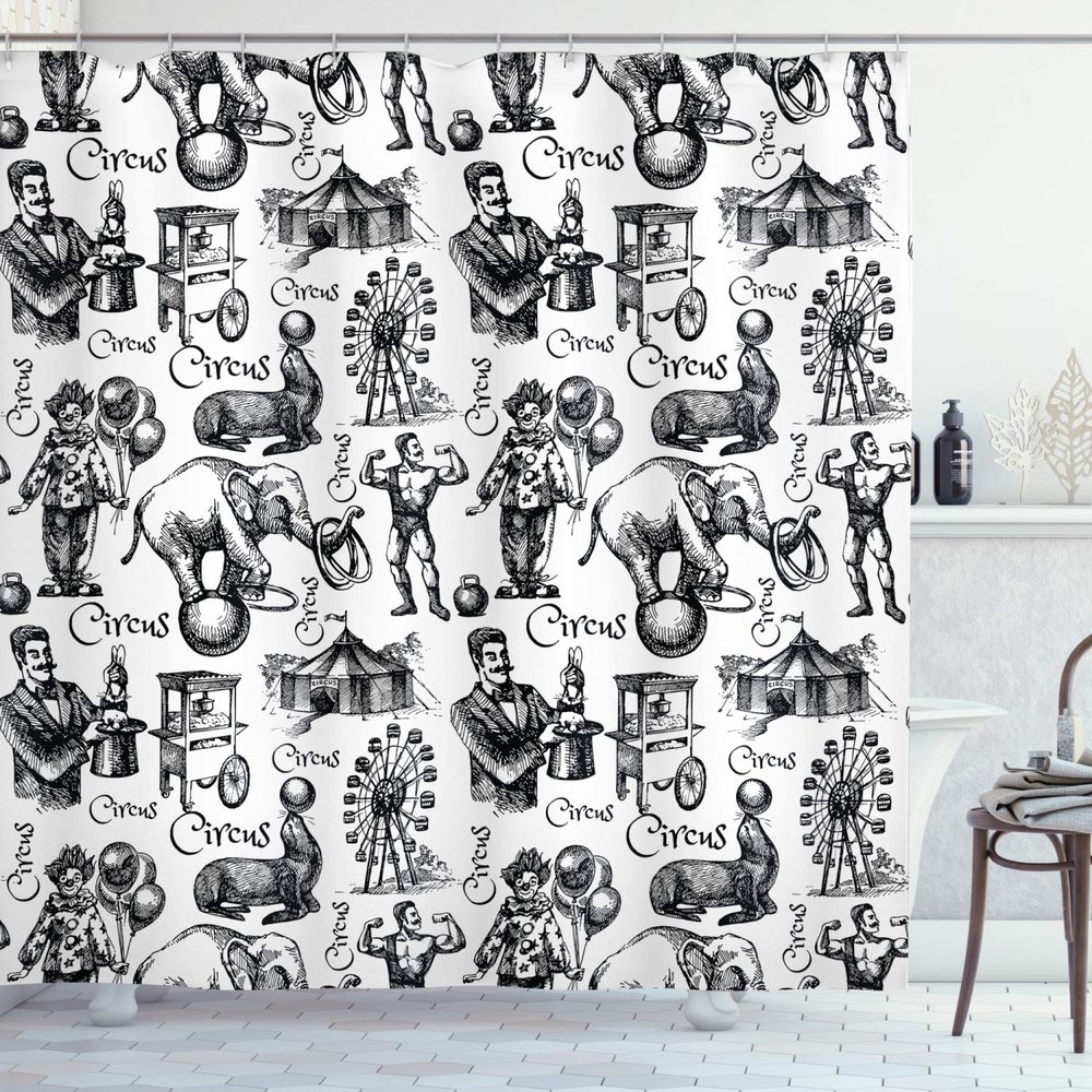 Ambesonne Modern Shower Curtain, Circus Words and Themed Continous Pattern Magician Baloons Phrase Art, Cloth Fabric Bathroom Decor Set with Hooks, 69" W x 84" L, Black and White
