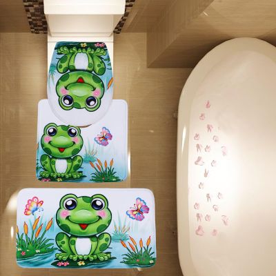 Amagical 3 Piece Cute Frog Flannel Bathroom Mat Set (Bathroom Mat + Toilet Contour Rug + Toilet Cover)