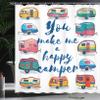 Ambesonne Camper Shower Curtain, You Make Me Happy Camper Motivational Words with Caravans Retro Style Travel Graphic, Cloth Fabric Bathroom Decor Set with Hooks, 69" W x 75" L, Indigo Yellow view 3