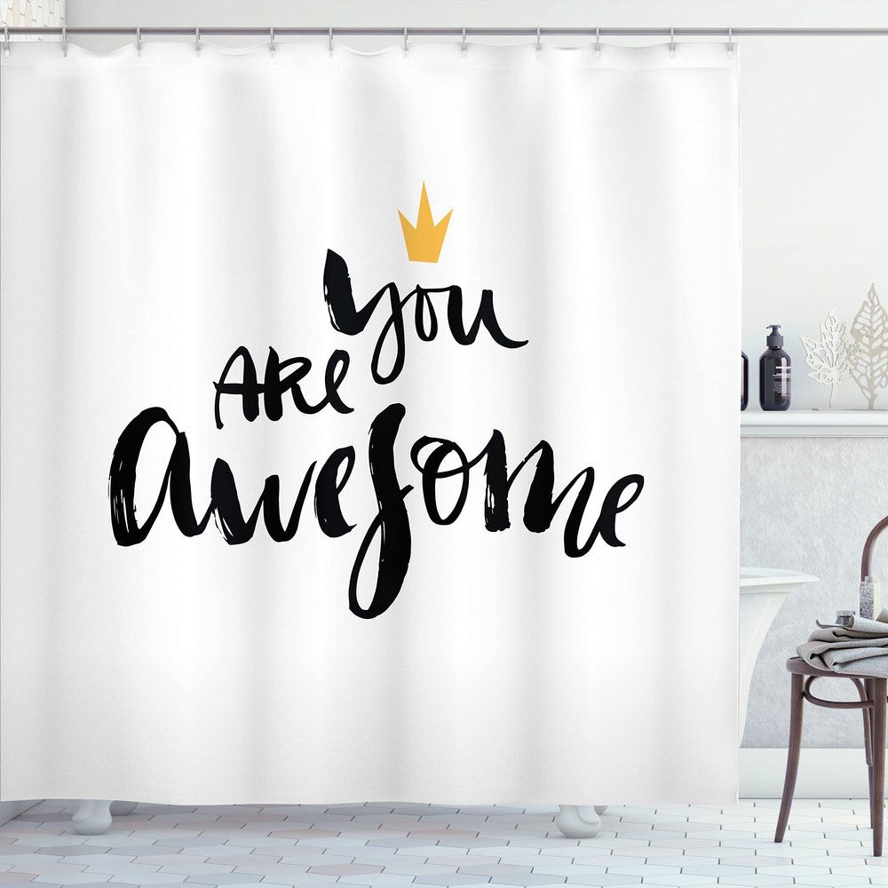 Ambesonne Modern Shower Curtain, You are Calligraphy with a Crown Modern Love Optimist Art Print, Cloth Fabric Bathroom Decor Set with Hooks, 69" W x 75" L, Yellow Black