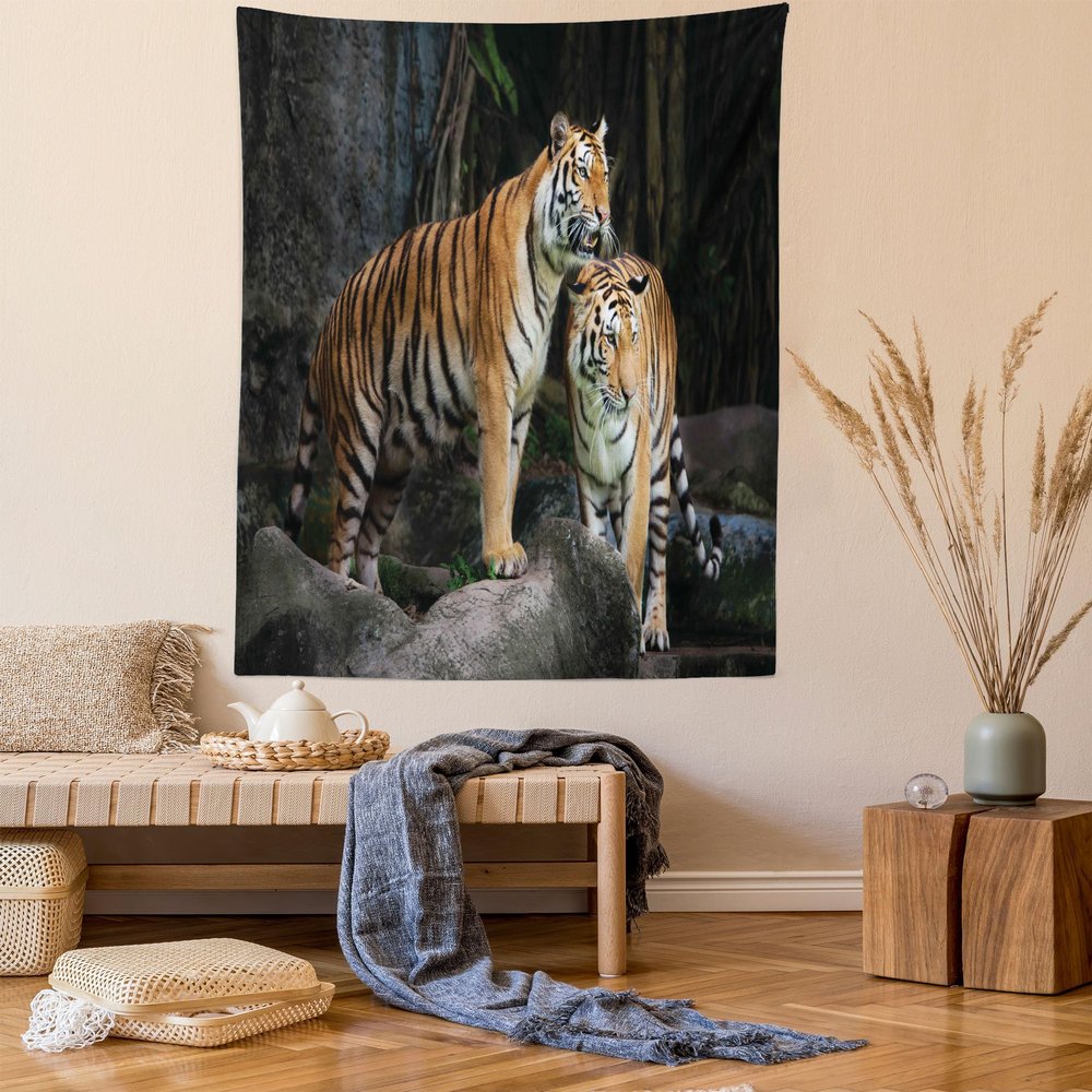 Ambesonne Animal Tapestry, Tiger Couple in The Jungle on Big Rocks Image Wild Cats in Nature Image Print, Wall Hanging for Bedroom Living Room Dorm Decor, 40" X 60", Grey and Ginger