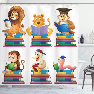 Ambesonne Graduation Shower Curtain, Animals Books Lion Monkey Duck Snake Tiger Fun Cartoon Mammals Room Design, Cloth Fabric Bathroom Decor Set with Hooks, 69" W x 84" L, Multicolor