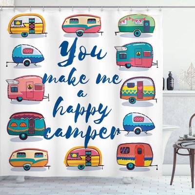 Ambesonne Camper Shower Curtain, You Make Me Happy Camper Motivational Words with Caravans Retro Style Travel Graphic, Cloth Fabric Bathroom Decor Set with Hooks, 69" W x 84" L, Indigo Yellow