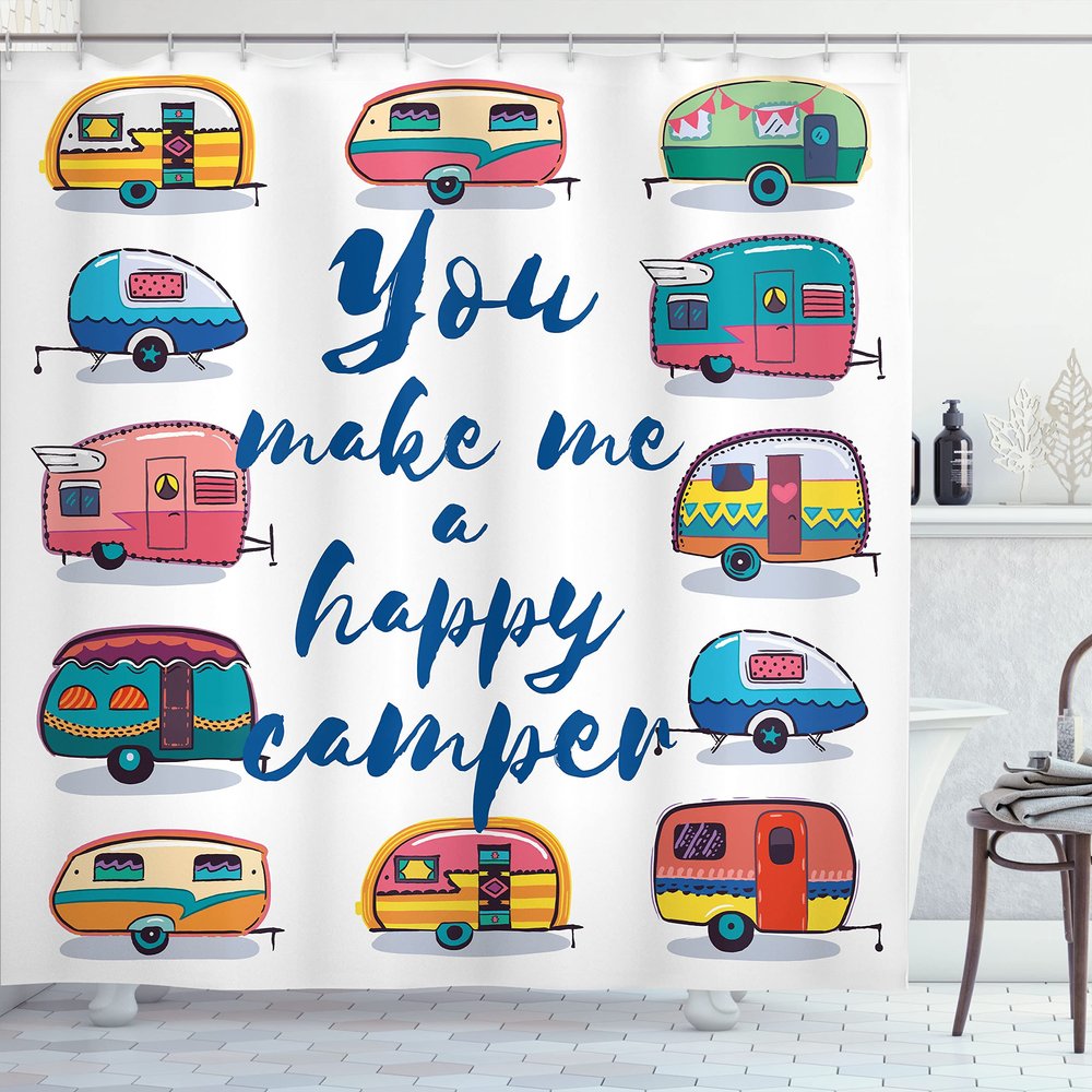 Ambesonne Camper Shower Curtain, You Make Me Happy Camper Motivational Words with Caravans Retro Style Travel Graphic, Cloth Fabric Bathroom Decor Set with Hooks, 69" W x 84" L, Indigo Yellow