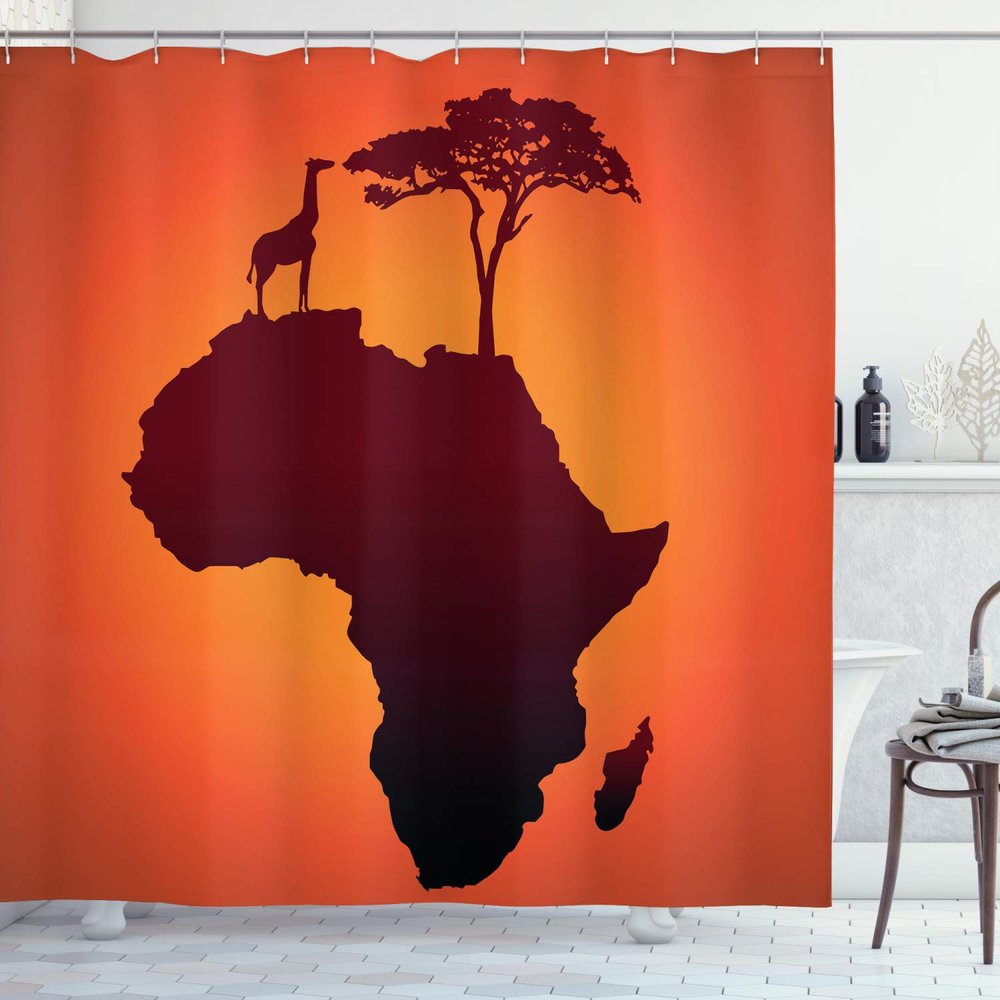 Ambesonne African Shower Curtain, Savannah Map Continent Giraffe and Tree Silhouette Wild Design Illustration, Cloth Fabric Bathroom Decor Set with Hooks, 69" W x 84" L, Orange and Brown