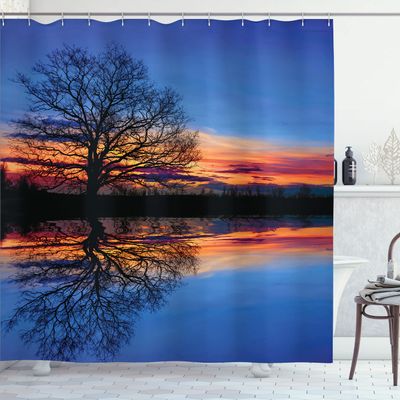 Ambesonne Panorama Shower Curtain, Tree Against Sunset View at Night with Sky Reflection Over The Lake Print, Cloth Fabric Bathroom Decor Set with Hooks, 69" W x 70" L, Blue Orange